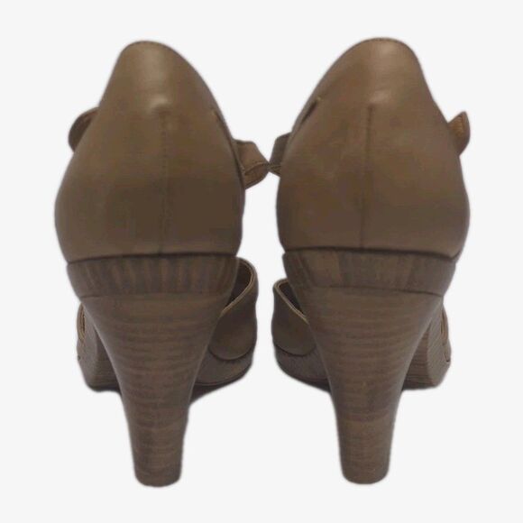 COCLICO Posey Tan Suede T-Strap Peep Toe Heels Wood Shoes EU 38.5 Spain US 7.5 - Picture 4 of 11